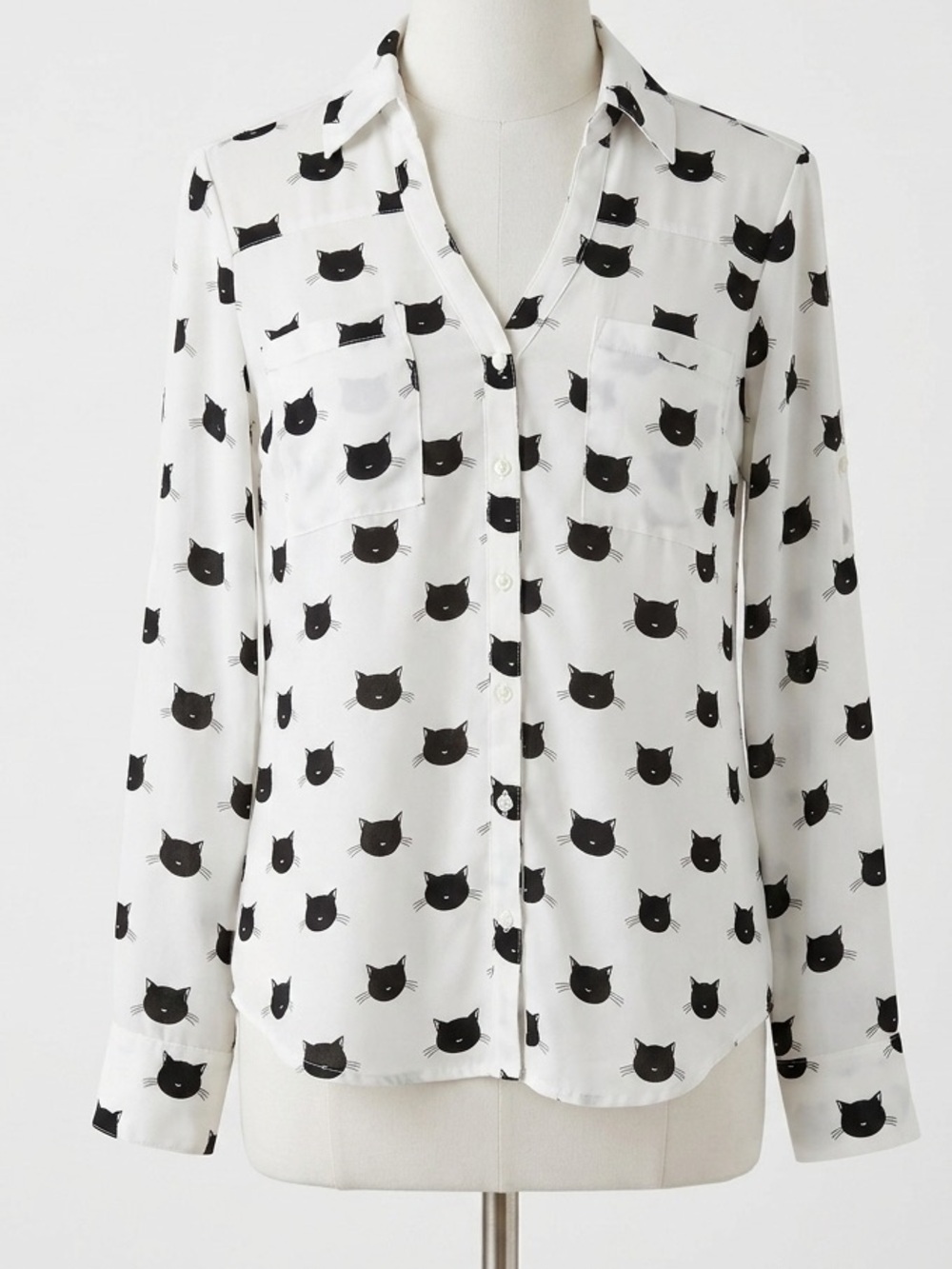 Express Portofino Button Down Blouse Ivory Black Cat Rare Print Size Small